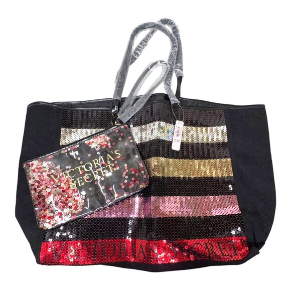 VICTORIA'S SECRET Large Travel Canvas/Sequin Striped Tote Bag Black W/ pouch New - Picture 1 of 14